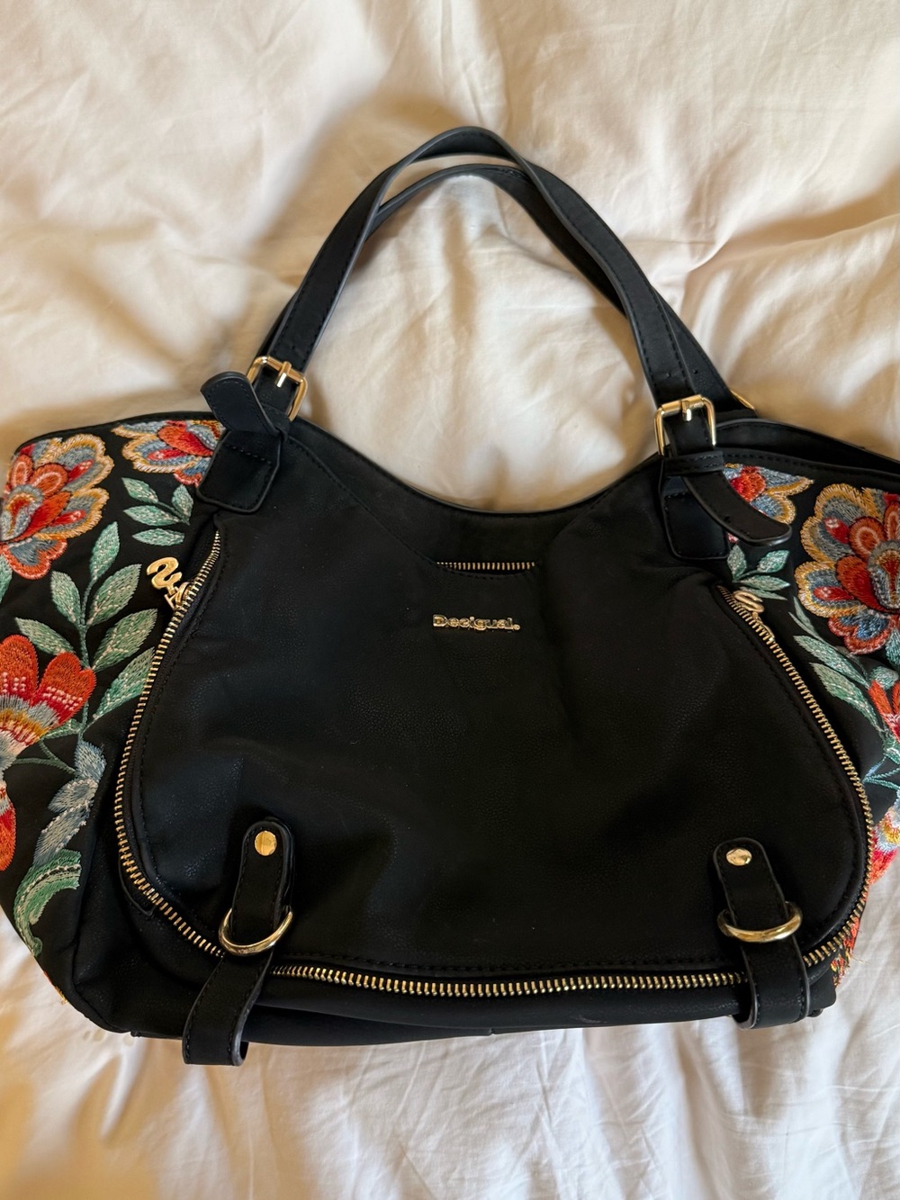Desigual Black Shoulder Bag with Colorful Floral Embroidery